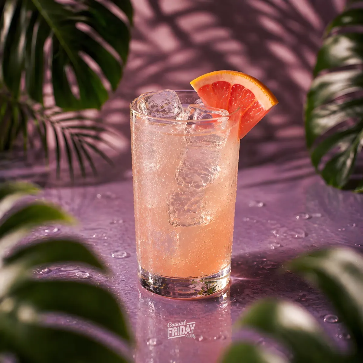A paloma cocktail in a highball glass and decorated with a wedge of grapefruit. Placed on a glass surface with water drops. The drink is framed by monstera leaves and a violet backdrop.