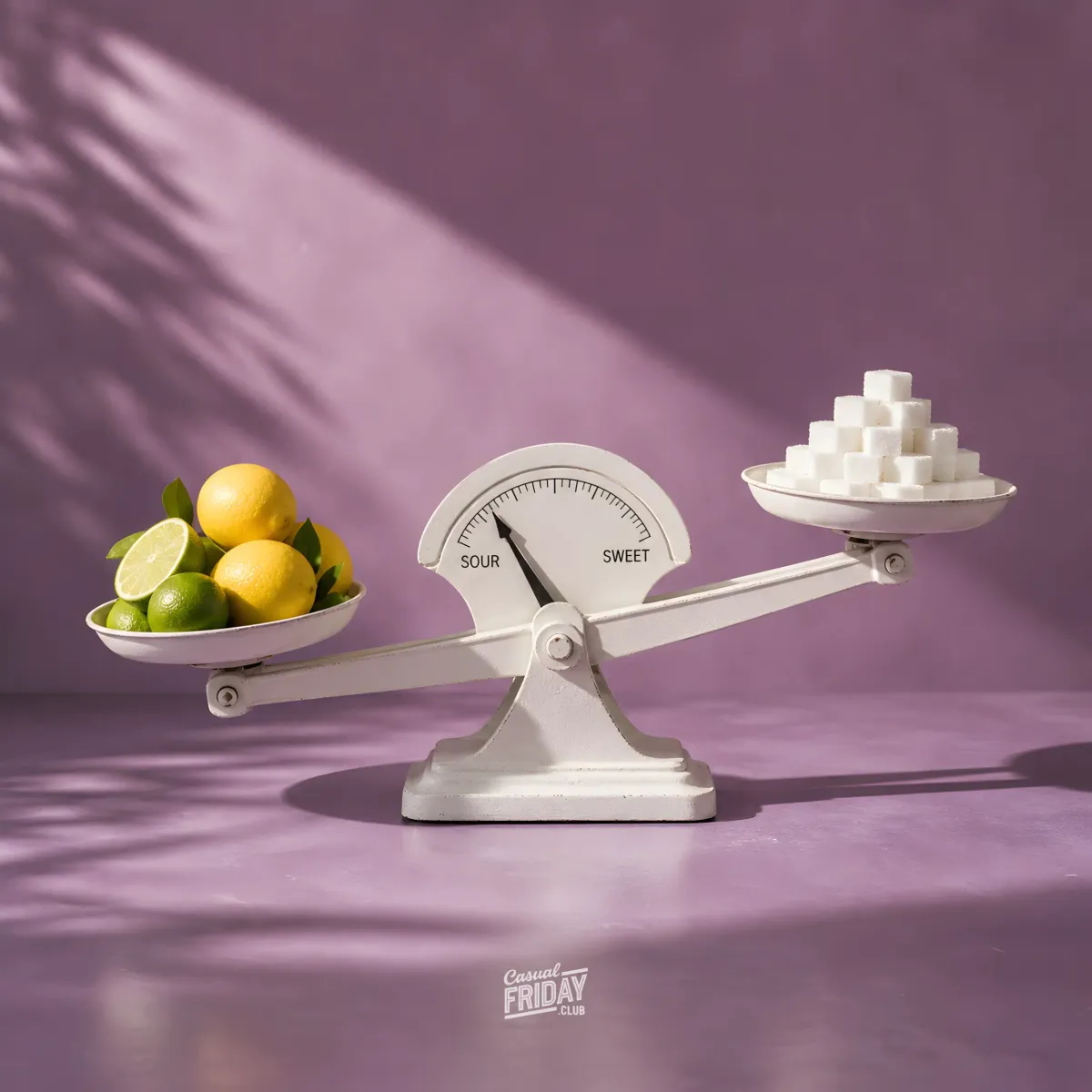 A balance scale with citrus on one side and sugar on the other