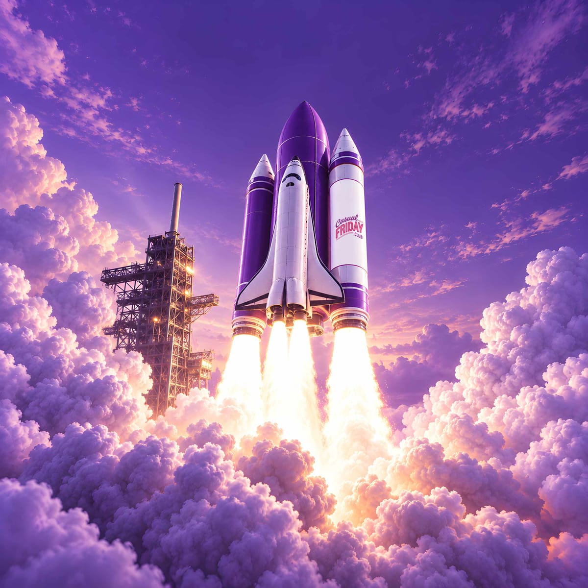 A space shuttle style spaceship with larger booster rockets which shows a Casual Friday Club logo just seconds after launch with lots of smoke and vapour in the air.