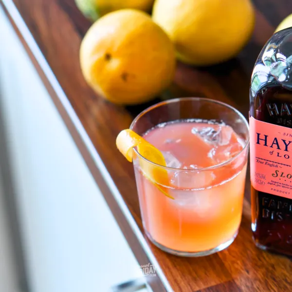 Sloe Gin and Bitter Lemon in a simple glass served with a lemon zest on a kitchen counter